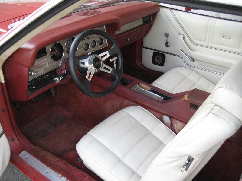 White and Red Front Seat 78 Mustang II Ghia Coupe with White Vinyl Roof