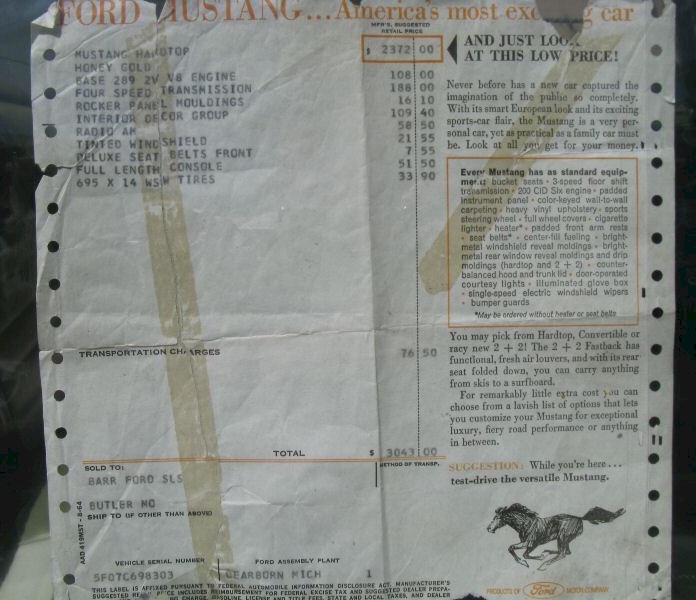 1965 Mustang Window Sticker