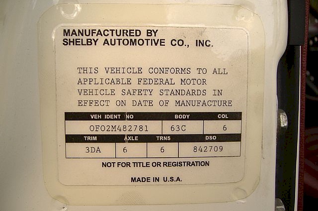 1970 Shelby GT-350 Data Tag