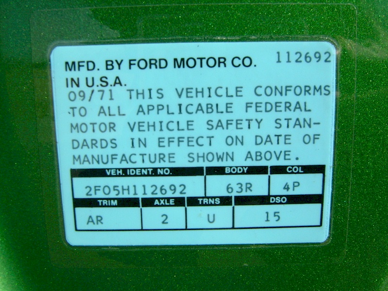 1972 Mustang Mach-1 Data Plate