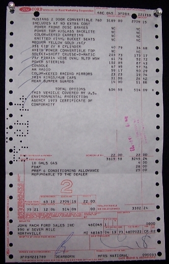 Invoice for Medium Yellow Gold 1973 Mustang Convertible