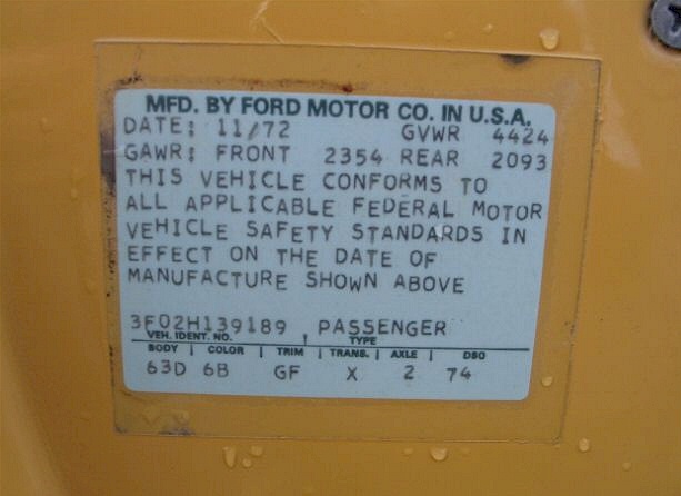 1973 Mustang Data Plate