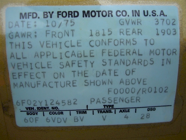 1976 Mustang II Data Tag