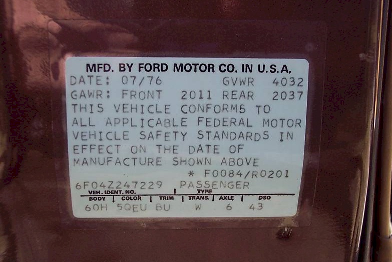 1976 Mustang Data Tag