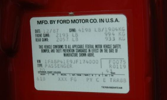 Door tag Scarlet Red 1988 Mustang Saleen
