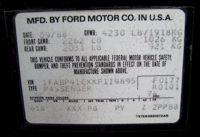 1989 Mustang ID Tag