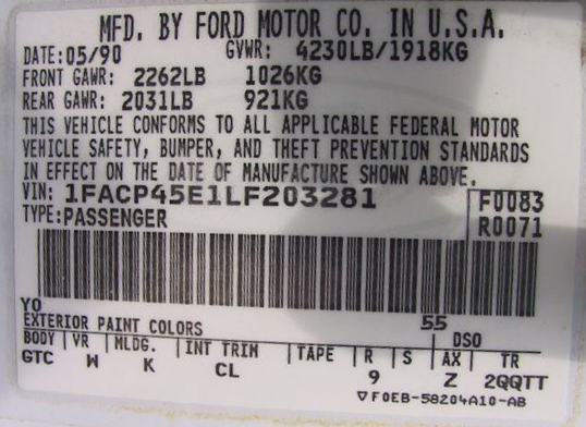 Door tag Oxford White 1990 Mustang GT convertible