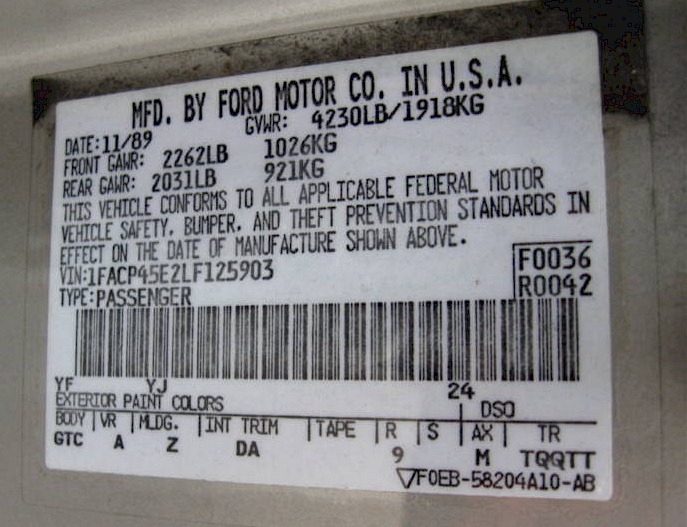 1990 Mustang GT Data Plate