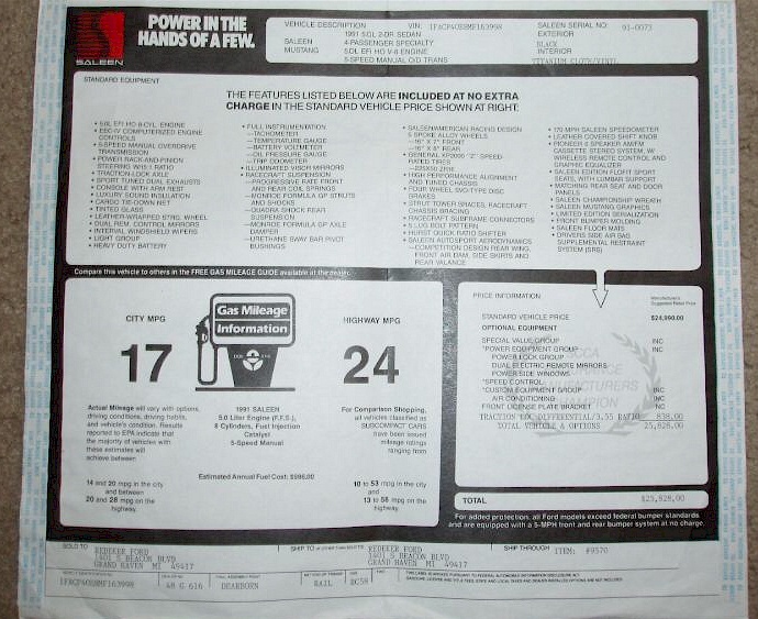 1991 Mustang Saleen Window Sticker