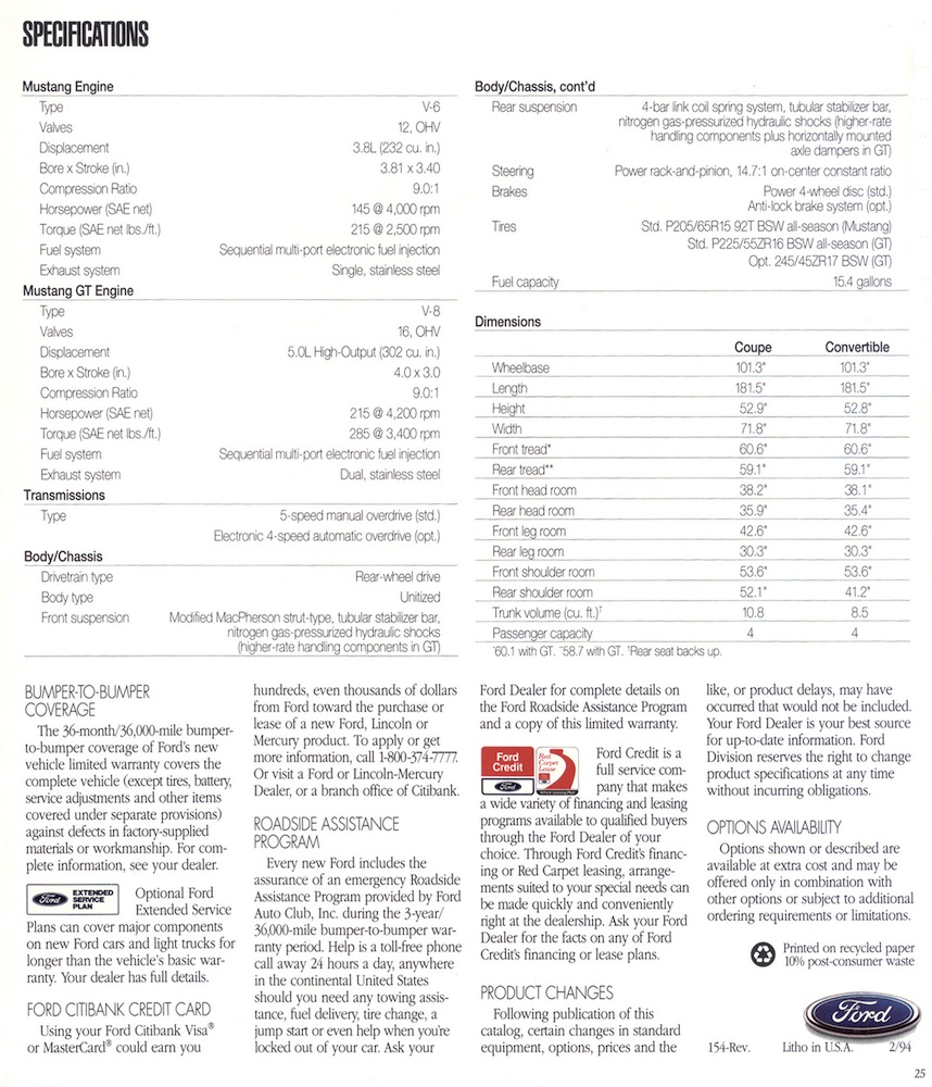 Page 25: 1994 Ford Mustang Promotional Brochure