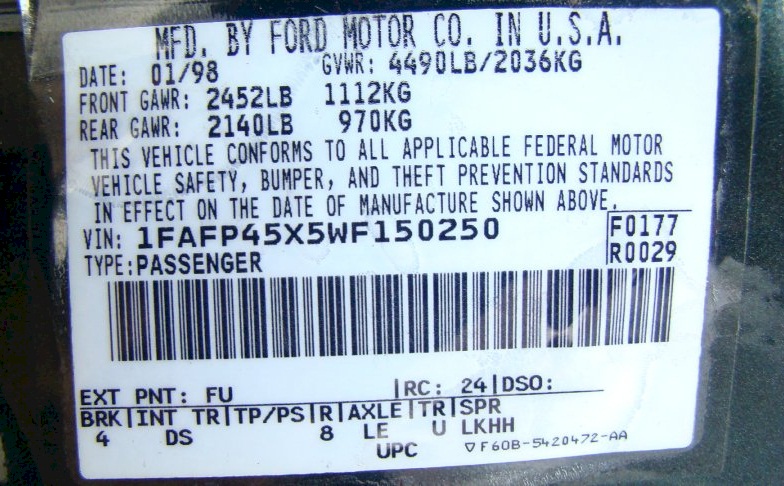 1998 Mustang GT Data Tag