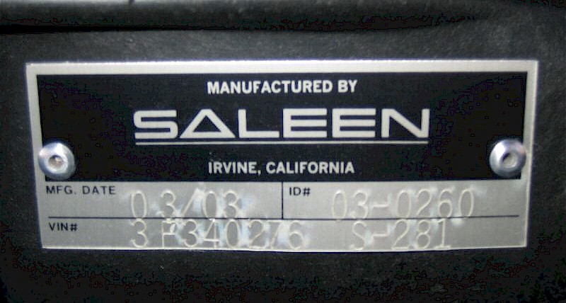 2003 Saleen ID Plate