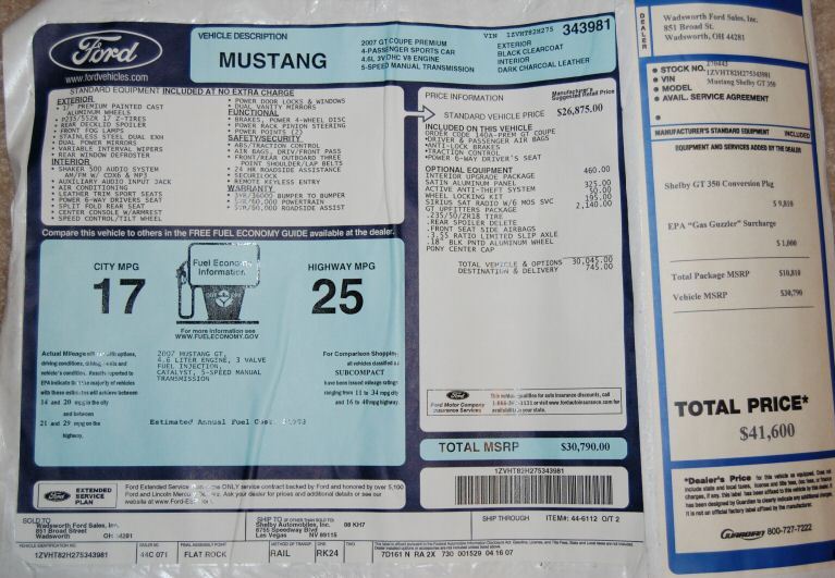 Mustang GT Window Sticker