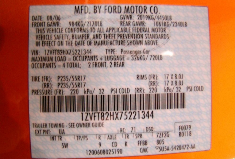 Mustang Door Data Tag