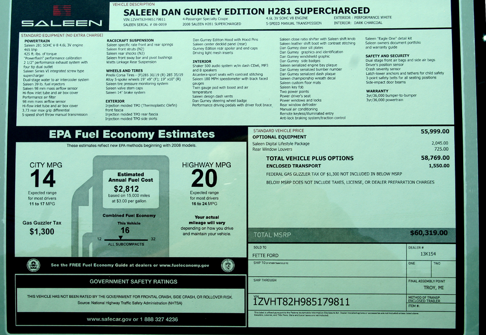 2008 Dan Gurney Saleen Window Sticker