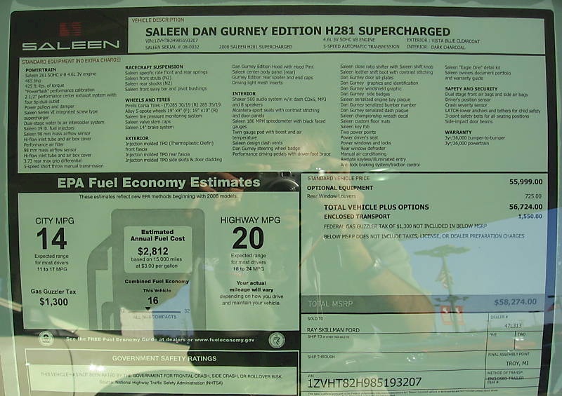2008 Saleen S281 SC Dan Gurney Window Sticker