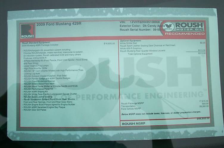 2009 Roush 429R Mustang Window Sticker
