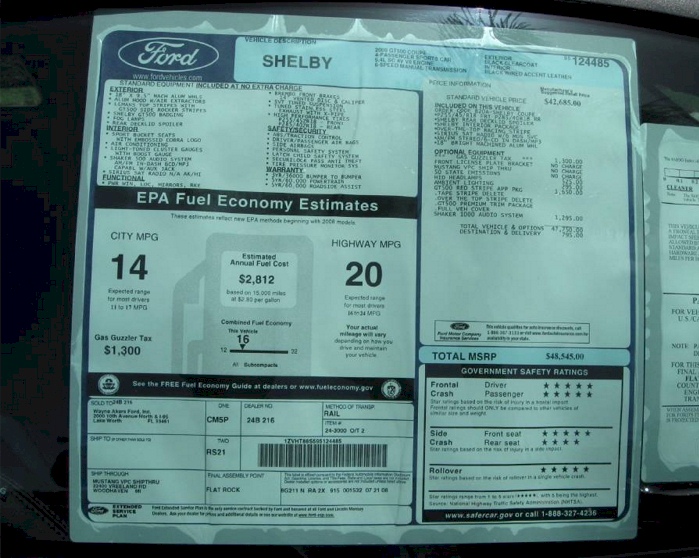 2009 Shelby GT-500 Red Stripe Window Sticker