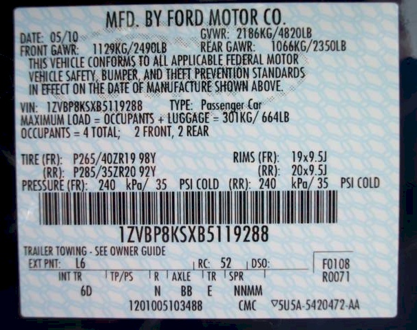 2011 Mustang GT-500 Data Plate