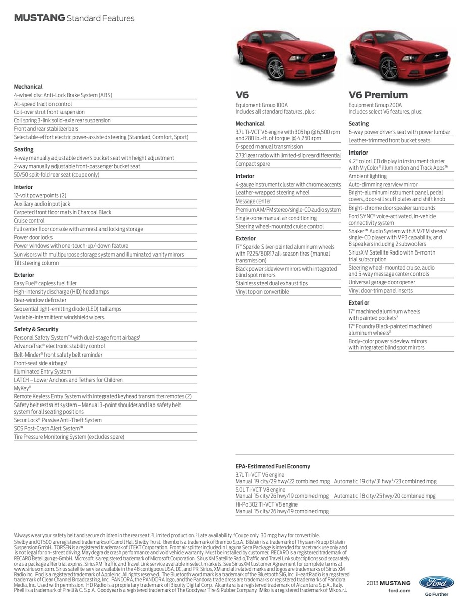2013 V6 and V6 Premium Mustang Specs
