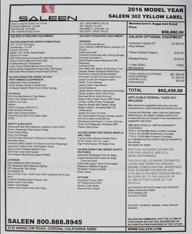 2016 Saleen Yellow Label window sticker