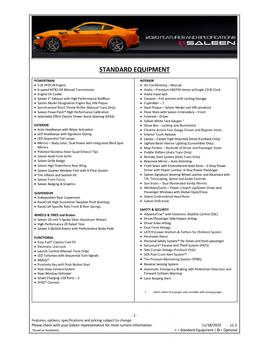 Saleen 2020 Features and Specifications 1 of 5